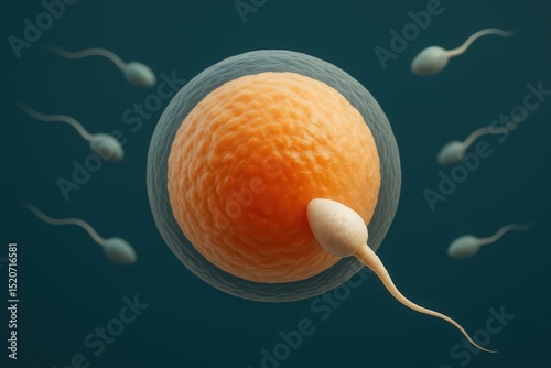 Scientific illustration depicting fertilization process with the fusion of sperm cell and egg cell for educational purposes.