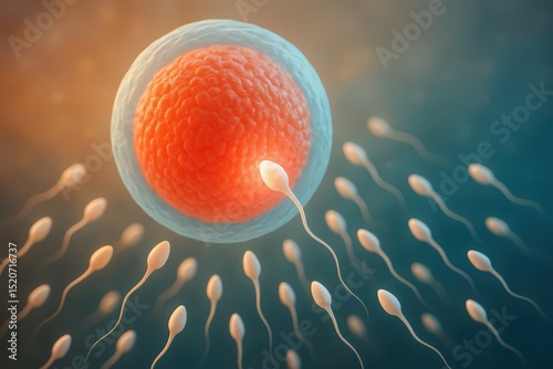 Illustration of human egg cell fertilization with sperm cells approaching the ovum for scientific educational purposes