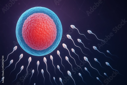 Illustration depicting human egg cell surrounded by numerous sperm cells swimming towards potential fertilization against a dark background.