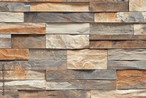 Close-up of a textured wall featuring rectangular stone tiles in varying shades of brown, beige, and grey, arranged in an overlapping pattern