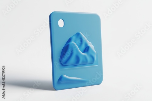 A light-blue, rectangular plaque features a sculpted, mountainous relief and a smaller, wave-like form at its base, against a white background