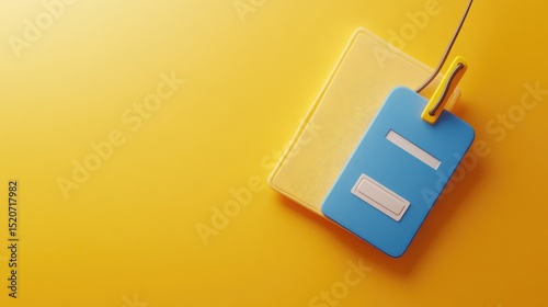 A blue ID badge hangs from a clip on a yellow background, next to a pale yellow square