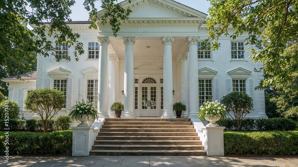 Obraz premium Elegant White Mansion with Pillars and Beautiful Landscaping 