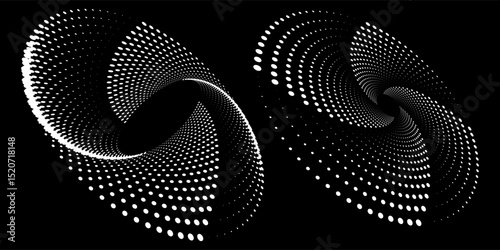 Halftone circular dotted frames set. Circle dots texture isolated on white background. Spotted spray texture. Vector abstract design element spiral circle sound wave vector logo modern black and white