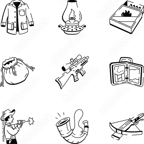 Pack of Hunting Adventure Doodle Style Icons 
