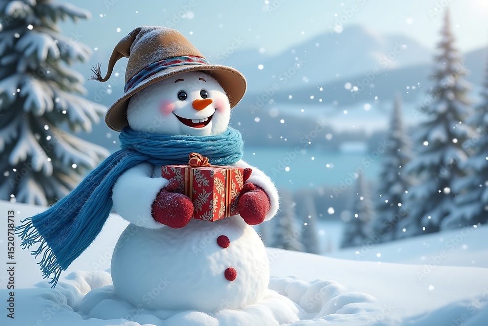 Obraz premium Happy snowman holding a gift in snowy winter landscape