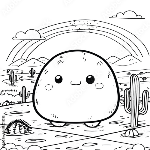 Succulent funny cartoon doodle cactus desert plant hand drawn in monochrome black and white vector illustration. Botanical giant trees with thorns, needles.