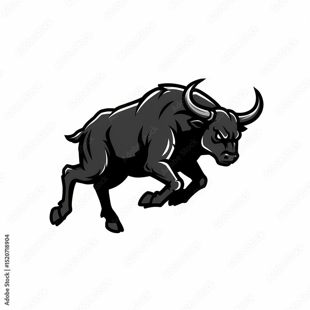 Fototapeta premium Charging Black Bull with Curved Horns on White Background