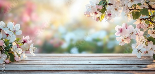 Spring blossoms flank a weathered wooden tabletop against a soft-focus floral background