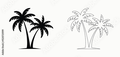 Tropical Palm Trees Silhouette and Line Art Illustration