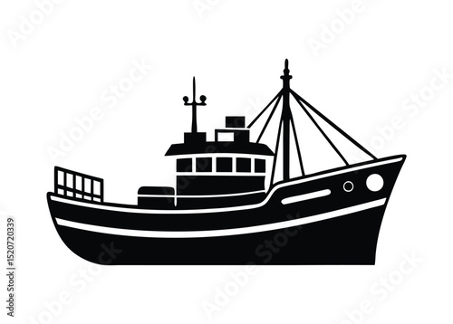 Fishing Boat Vector Illustration in Black and White Silhouette Style