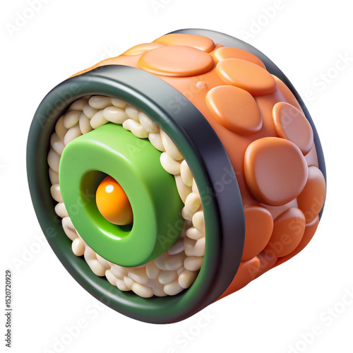 Vibrant 3D Render of a Sushi Roll Featuring Avocado and Rice a Detailed Cross-Section View Ideal for Culinary Websites or Food Blogs