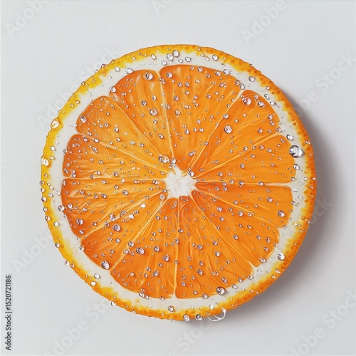 Hyperrealistic depiction of a juicy orange slice, glistening with water droplets on a white background