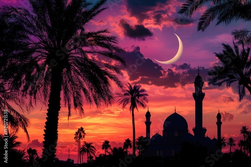 Silhouetted mosque at sunset, crescent moon in vibrant, colorful sky, framed by palm trees