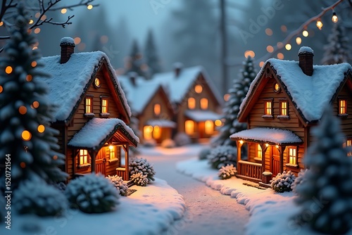 Cozy snow covered village at christmas night