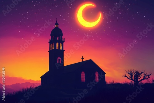 Silhouetted church on a hill at sunset, under a crescent moon and starry night sky