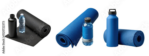Yoga mat and water bottles set, isolated on transparent background

