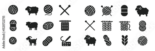 Creative knitting and crafting elements showcased with various sheep and yarn motifs in monochromatic style