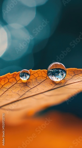Two water droplets rest on an orange leaf, reflecting a blurred background of teal and white bokeh