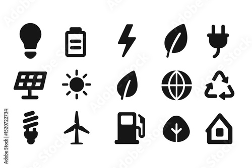 Icons representing renewable energy sources and sustainability initiatives in a modern design