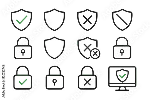 Collection of shield and padlock icons representing security and protection features for digital applications and systems