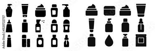 Collection of various cosmetic and personal care product silhouettes on a plain background