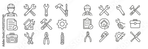 Collection of line art icons depicting various tools and occupations related to construction and maintenance work