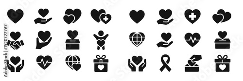 Various symbols representing love and care in diverse designs and styles used for community support and compassion initiatives