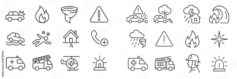 Fototapeta premium Emergency response symbols depicting various natural disasters and accident scenarios in a clear, simple design for educational purposes