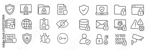 Collection of cybersecurity icons illustrating data protection tools and practices for digital security