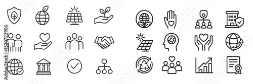 Diverse collection of environmental and social responsibility icons representing sustainability and community engagement