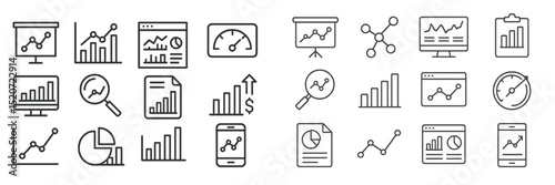 Collection of line art icons representing data analysis tools and graphs for visualizing statistics in modern business environments