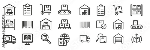 Icons representing logistics and inventory management in a warehouse setting during daylight hours