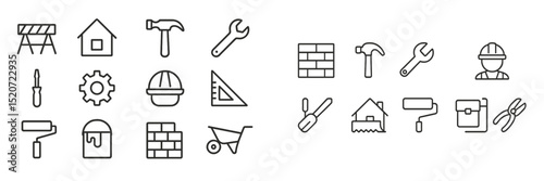 Construction tools and equipment icons for building and renovation projects