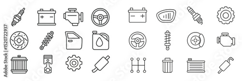 Collection of automotive parts and tools displayed on a white background for car maintenance and repair