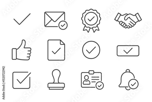Checklist symbols representing completion and approval in various contexts such as communication and rewards
