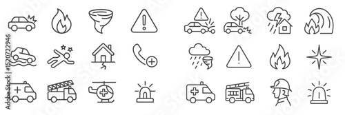 Emergency response symbols depicting various natural disasters and accident scenarios in a clear, simple design for educational purposes