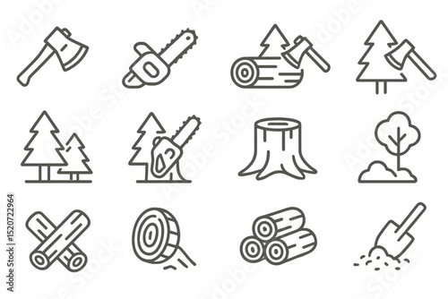 Vector illustrations depict forest activities including tree cutting and wood processing showcasing axes and chainsaws in various scenarios
