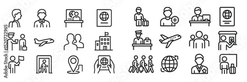 Travel icons representing different stages of international journeys and airport activities for travelers planning their trips