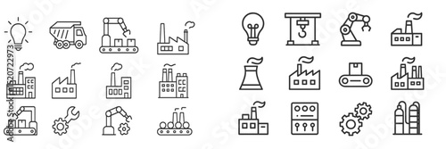 Icons representing industrial activities, factory processes, and machinery in a modern manufacturing environment