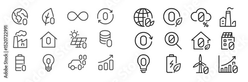 Collection of environmental and sustainability icons representing renewable energy and eco-friendly practices for modern solution