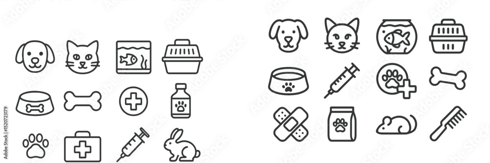 Fototapeta premium Collection of pet icons showcasing animals, veterinary tools, supplies, and care essentials for pet health and well-being