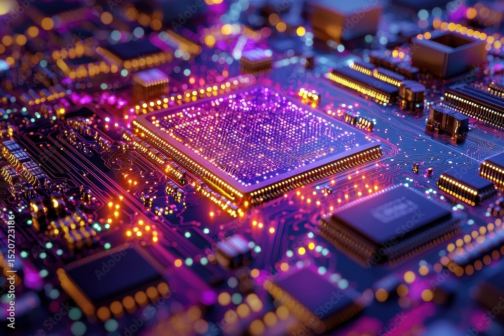 Obraz premium Futuristic Circuit Board with Glowing Microchip and Vibrant Neon Lights in a High-Tech Environment