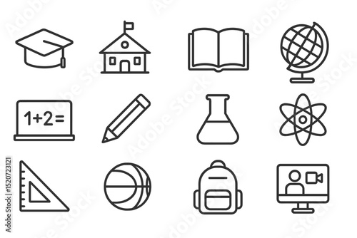 Education icons representing various subjects and tools related to learning and school activities