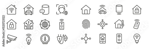 Digital icons representing smart home technology and security systems in a modern design