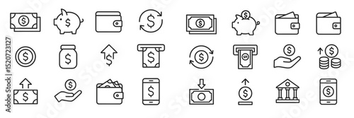 Illustrations of various financial transactions and concepts in minimalist line art style
