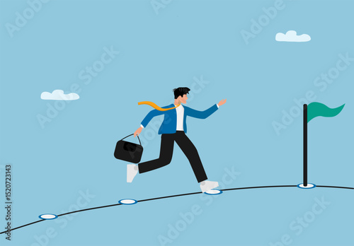 Businessman Running on Roadmap Path with Briefcase Reaching Green Flag Target as Success and Career Goal Achievement in Flat Vector Style Illustration