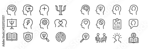 Icons representing mental health concepts including therapy, psychology, emotions, and education in a minimalist style