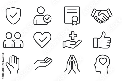 Icons representing trust, validation, and collaboration in a digital context for user relationships and partnerships