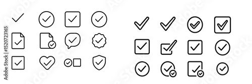 Various checkmark symbols and icons arranged in two distinct groups on a simple background showcasing clarity and design variety